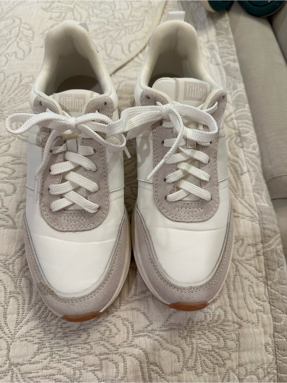 FitFlop Women's White and Light Gray Suede-Trim Sneakers